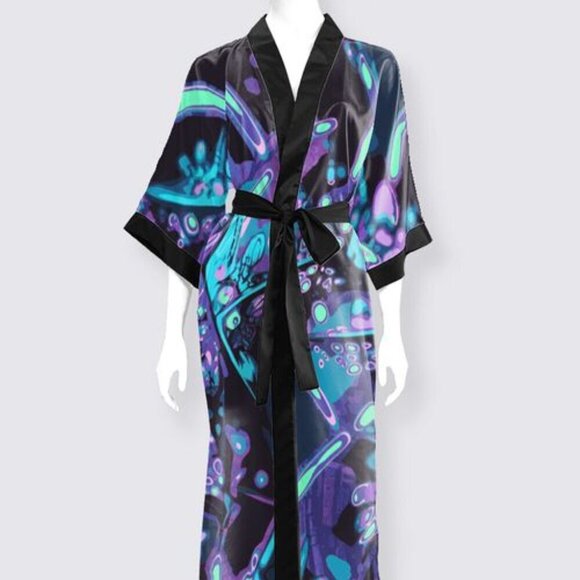 Mystical Velvet Burnout: A Synthwave Fantasy Satin Kimono - Picture 3 of 4